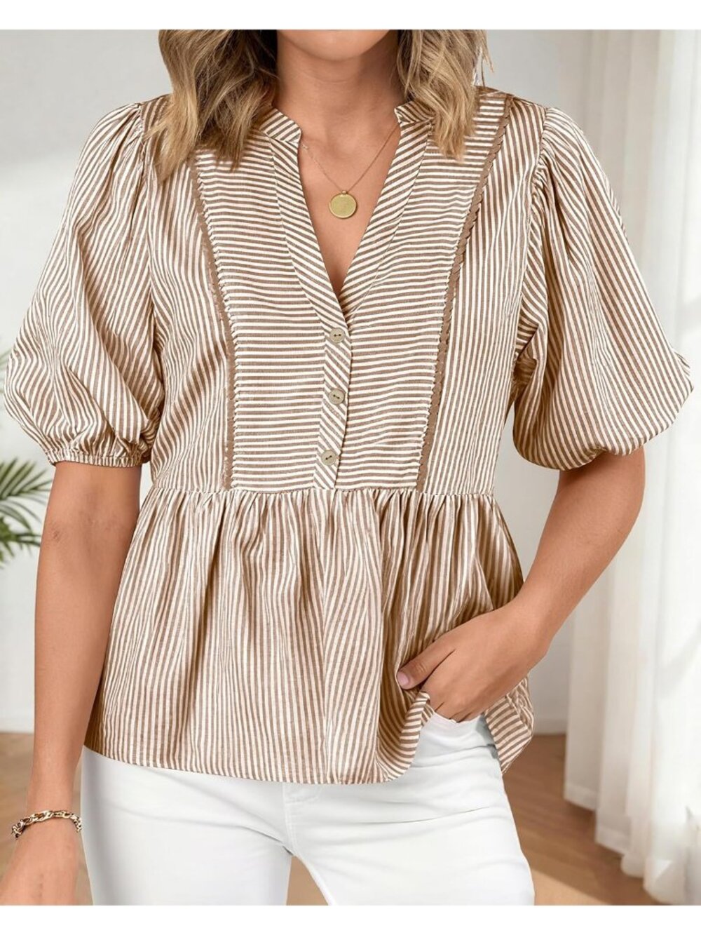 Women's Summer Tops Brown Lantern Short Sleeve V Neck Button Peplum Shirts - Picture 4 of 6